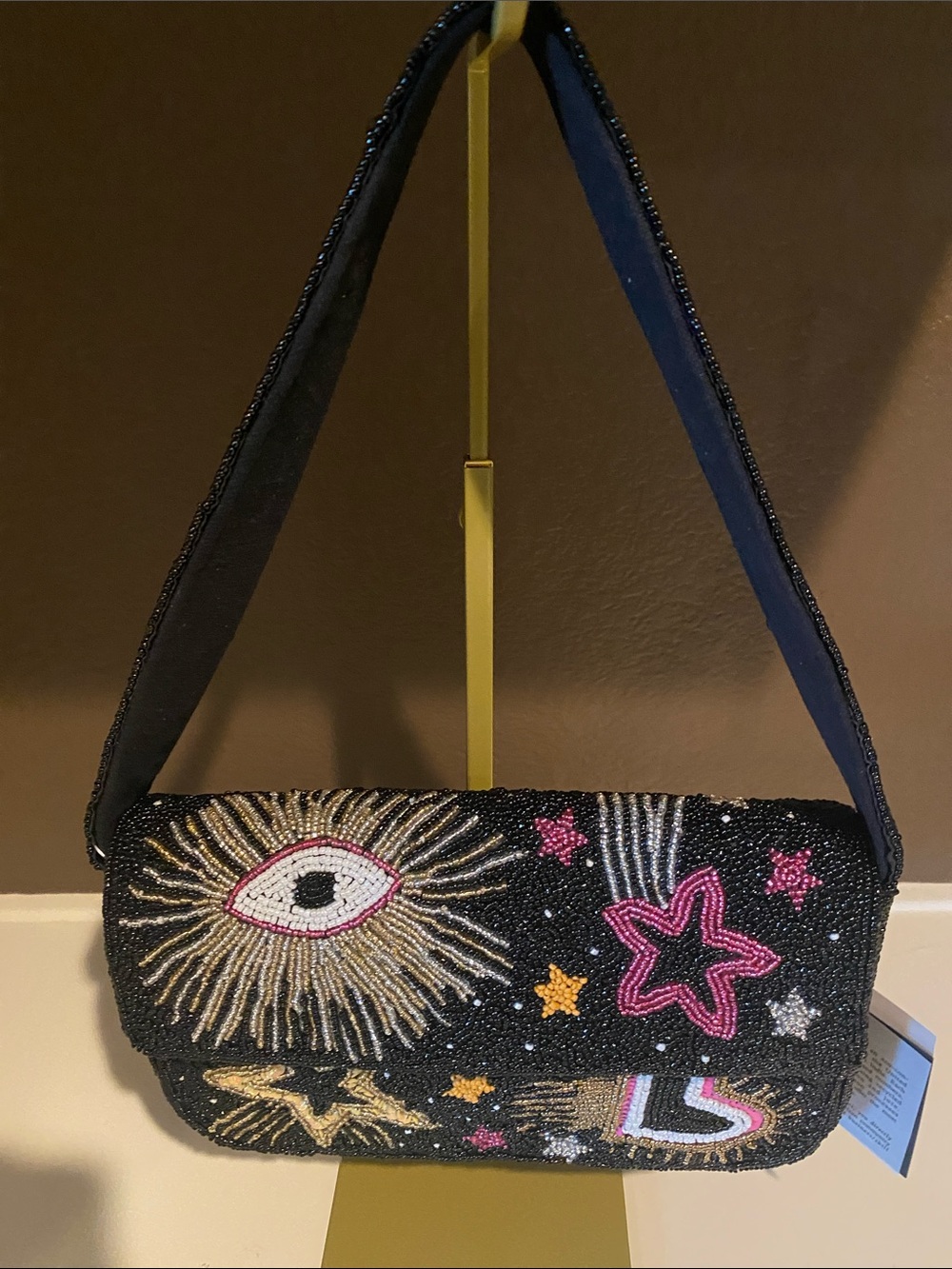 American & Beyond Hand-Beaded Protective Evil Eye, Star & Heart Shoulder Bag